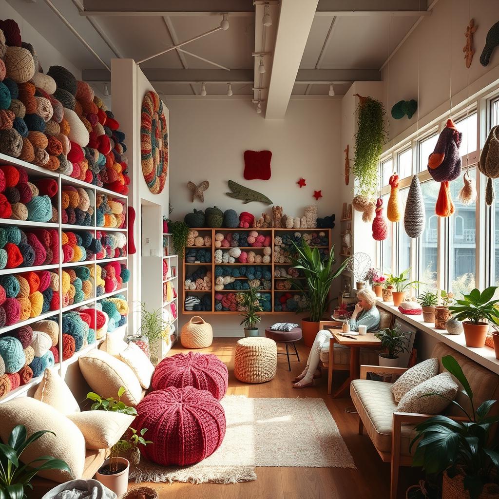 A warm and inviting yarn workshop and store, filled with colorful skeins of wool arranged beautifully on shelves