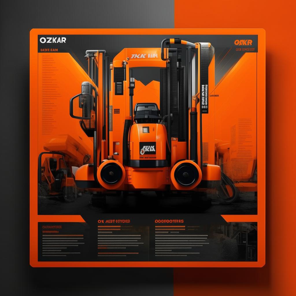 Design a catalog cover for OZKAR MAKINA company, utilizing a machinery and lifting equipment theme. The color scheme should be orange and black, with blank sections reserved for price and technical specifications for 5 different products.