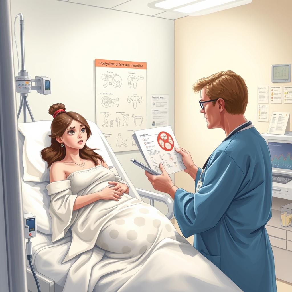 A detailed and educational illustration depicting a medical professional in a hospital setting, discussing postpartum infections with a new mother