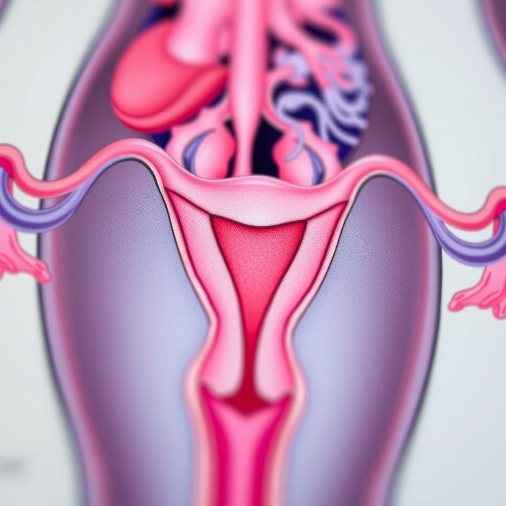 A close-up, detailed illustration of a scientific diagram showing the anatomy of a female reproductive system, highlighting the lochia and endometrium
