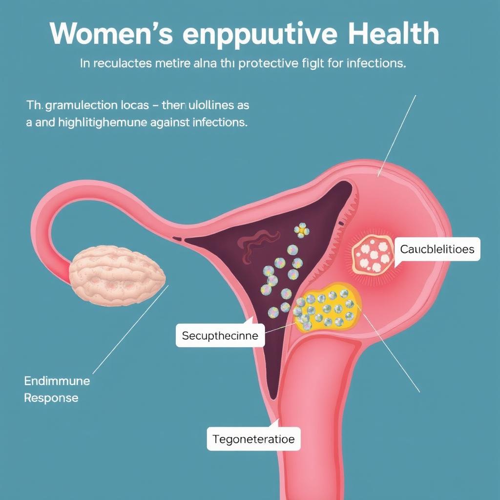 An educational illustration depicting women’s reproductive health focusing on granulocytes in lochia and endometrium as a protective feature against infections