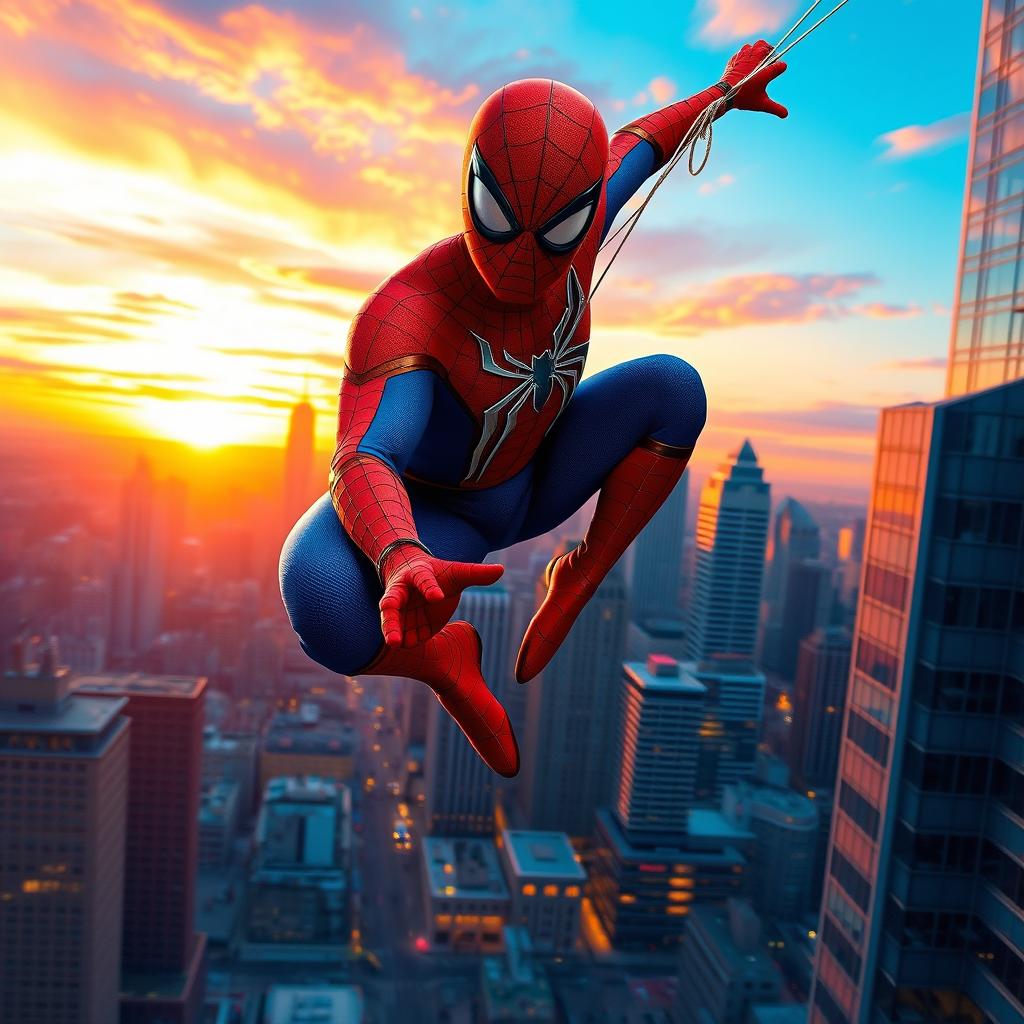 A dynamic and action-packed scene featuring Spider-Man gracefully swinging between skyscrapers in a bustling city
