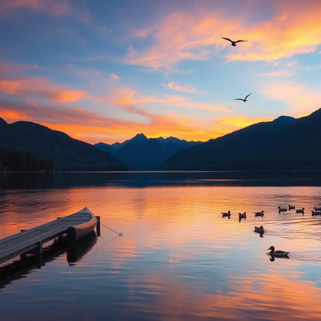 A serene landscape featuring an enchanting sunset over a tranquil lake, surrounded by lush mountains and a vibrant forest