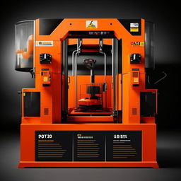 Design a catalog cover for OZKAR MAKINA company, utilizing a machinery and lifting equipment theme. The color scheme should be orange and black, with blank sections reserved for price and technical specifications for 5 different products.