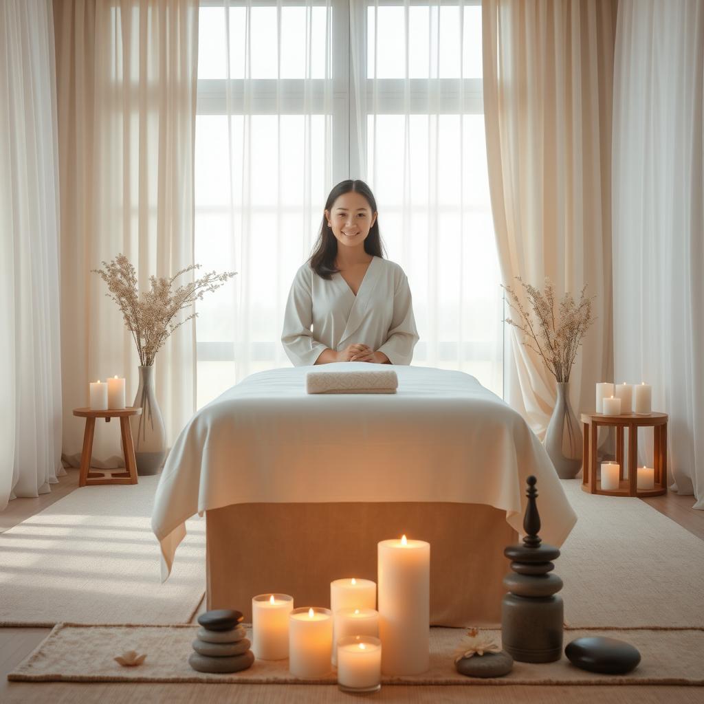 Generate an image of a serene spa setting with a calming ambiance