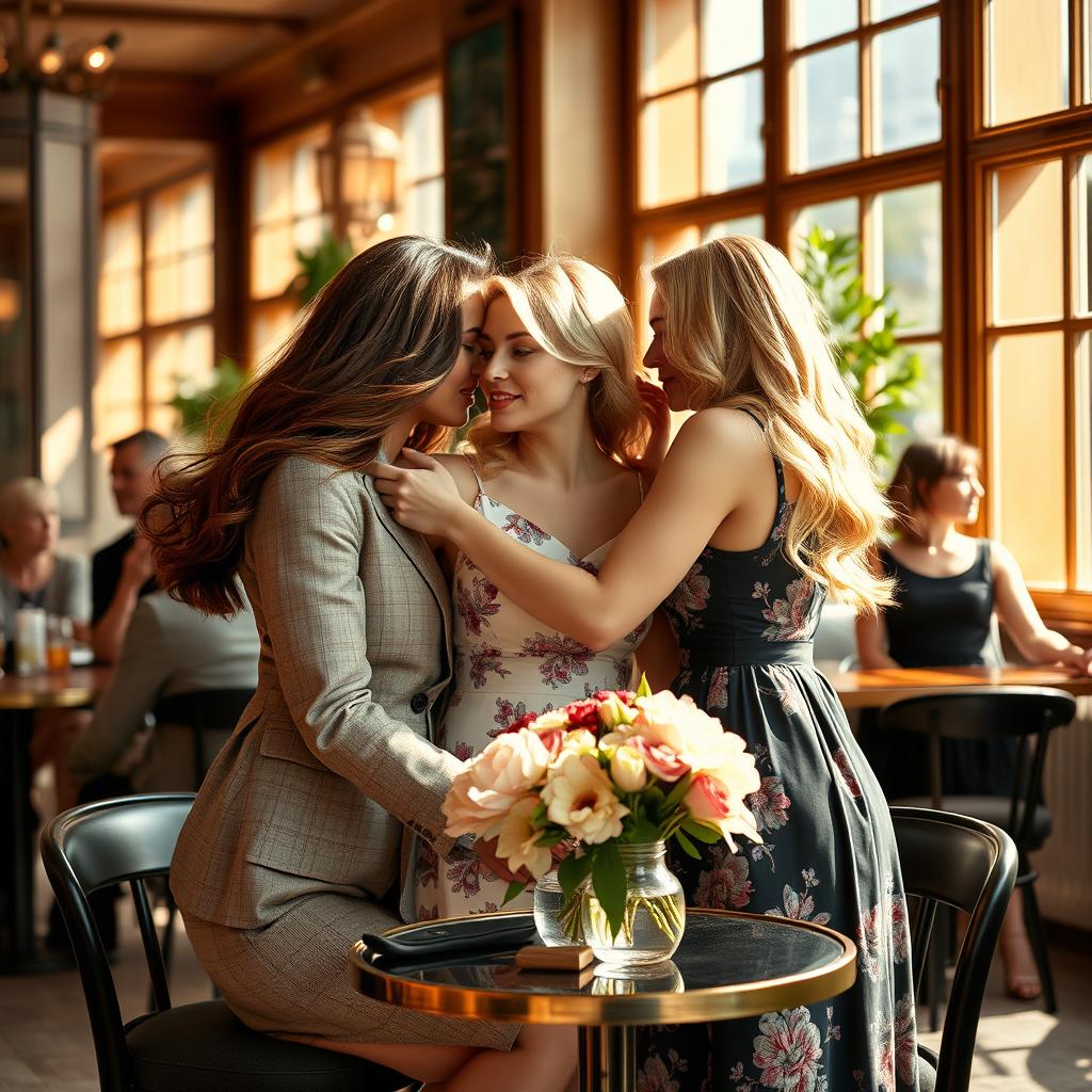 A beautiful scene depicting three elegant women in an upscale café setting