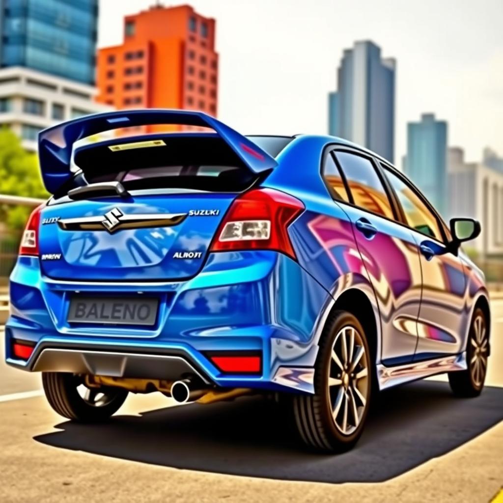 A vibrant Suzuki Baleno with a large, striking spoiler, showcasing its sporty design