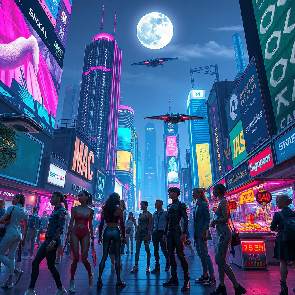 A dynamic scene in a bustling futuristic city at night