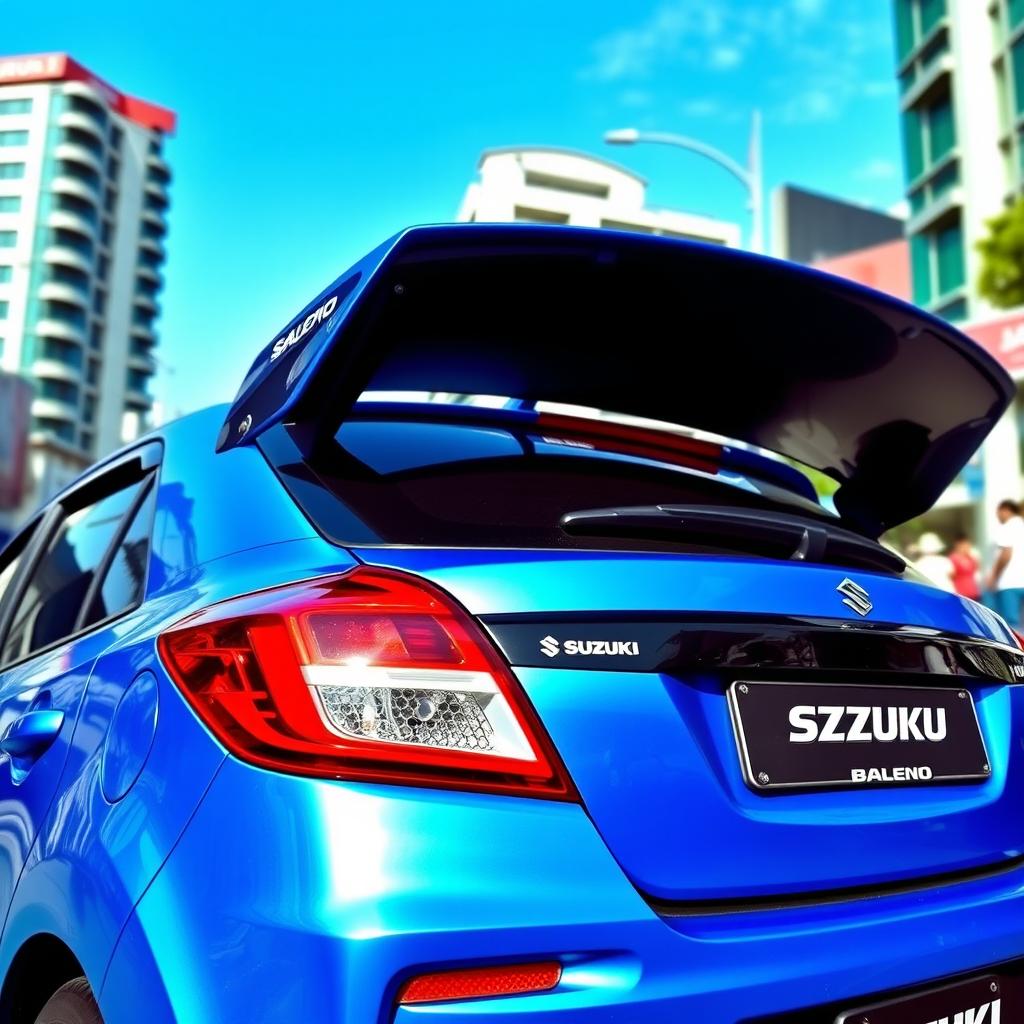 A vibrant Suzuki Baleno featuring a large, eye-catching spoiler and a glossy, bright blue paint job