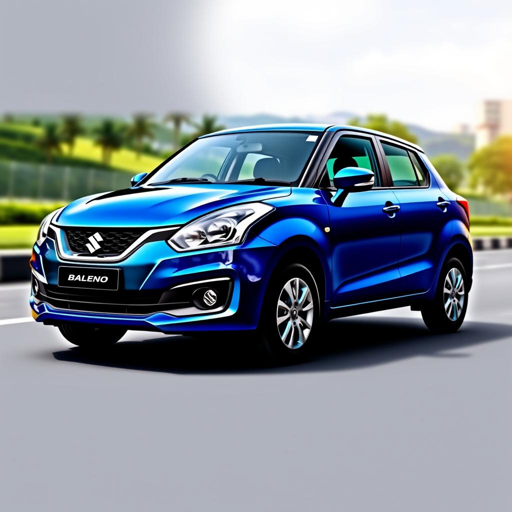 A stylish Suzuki Baleno featuring a new, modern design, highlighted by a glossy, bright blue paint job