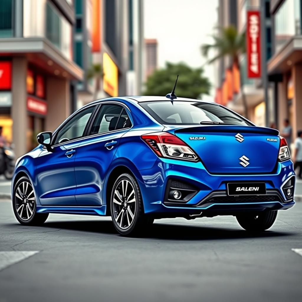A unique hybrid design featuring a Suzuki Baleno mixed with elements of the Suzuki Kizashi, all adorned in a striking, glossy bright blue paint job