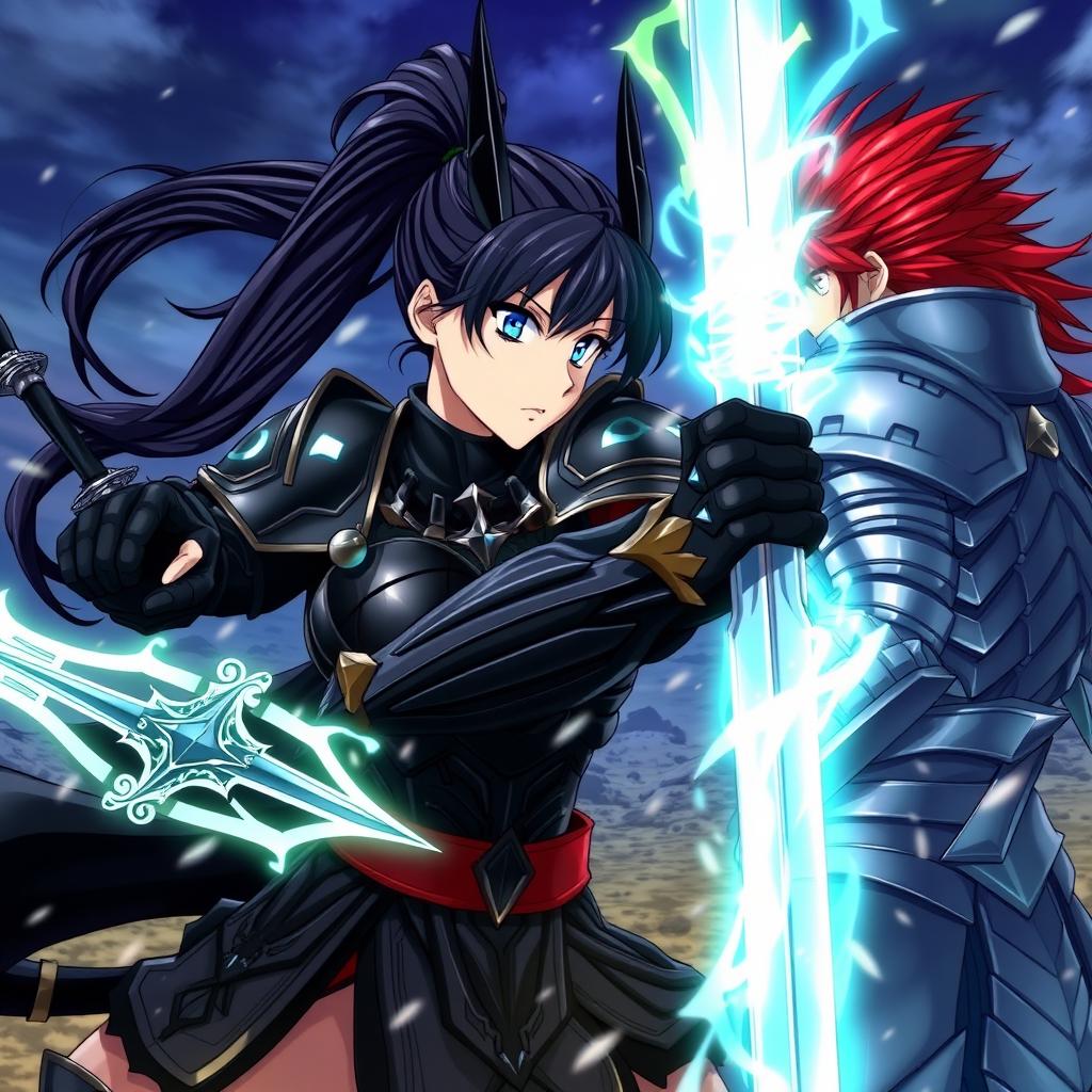 An anime scene featuring a fierce woman with long black hair tied in a ponytail and striking blue eyes