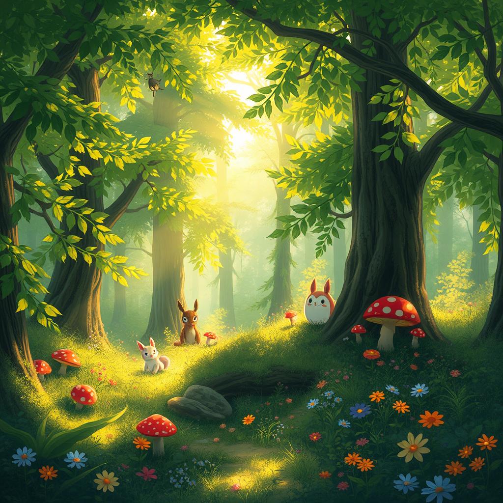 A whimsical forest scene depicted in the enchanting Ghibli style, lush greenery enveloping the setting with vibrant colors, a soft breeze rustling through the leaves