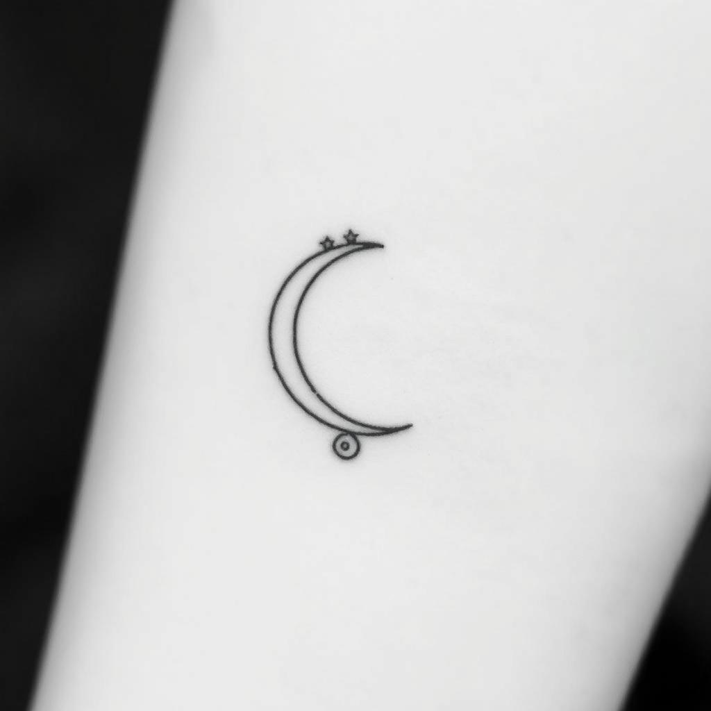 A delicate minimalist tattoo design featuring a half-moon adorned with a few small stars surrounding it