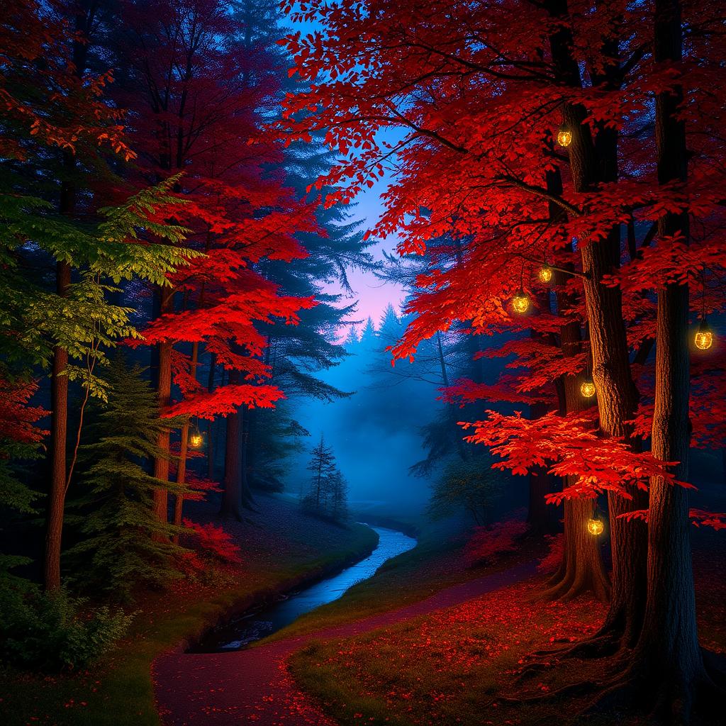 An enchanting forest at dusk, filled with vibrant colors and soft glowing lights