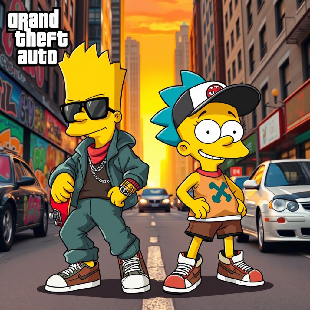 A dynamic scene featuring Bart and Gumball dressed in stylish, urban role-play clothing reminiscent of a Grand Theft Auto aesthetic