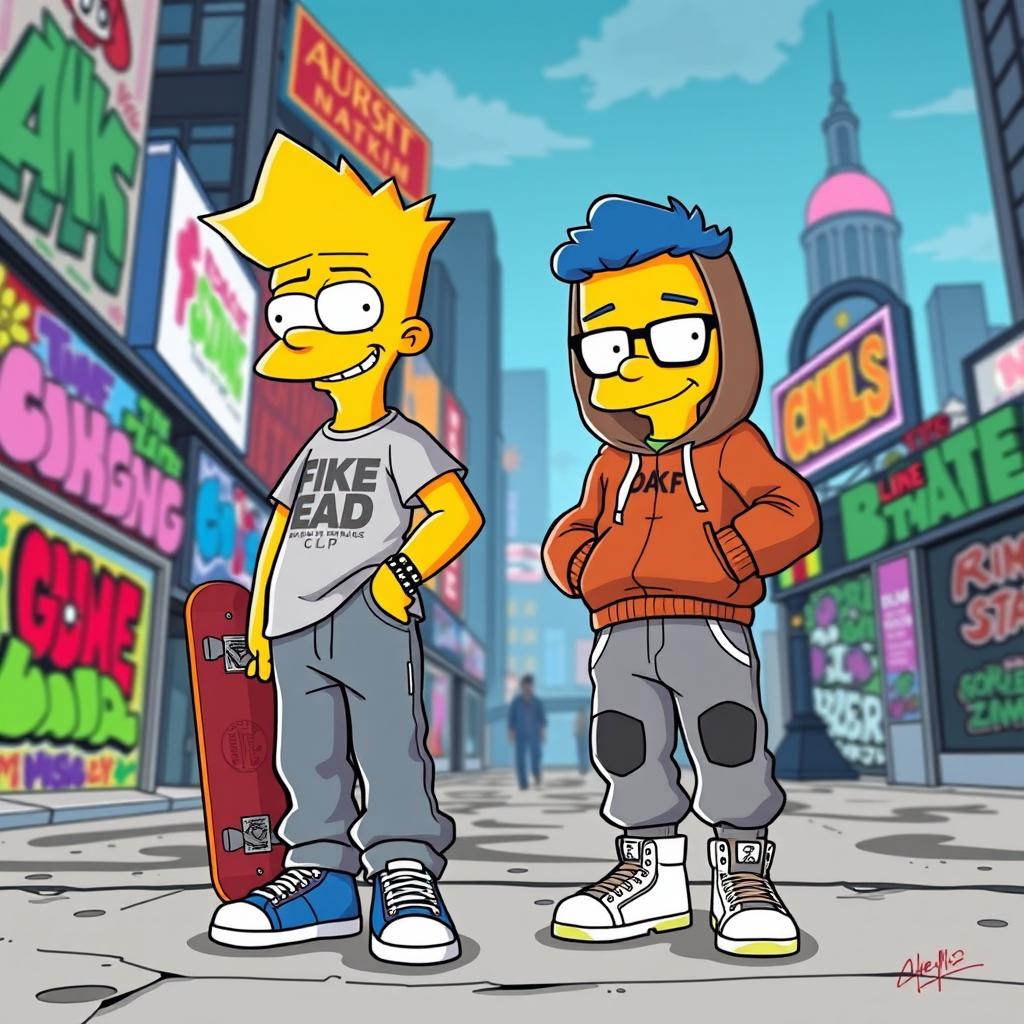 A colorful illustration of Bart and Gumball styled as characters in a Grand Theft Auto game, dressed in fashionable role-play clothing
