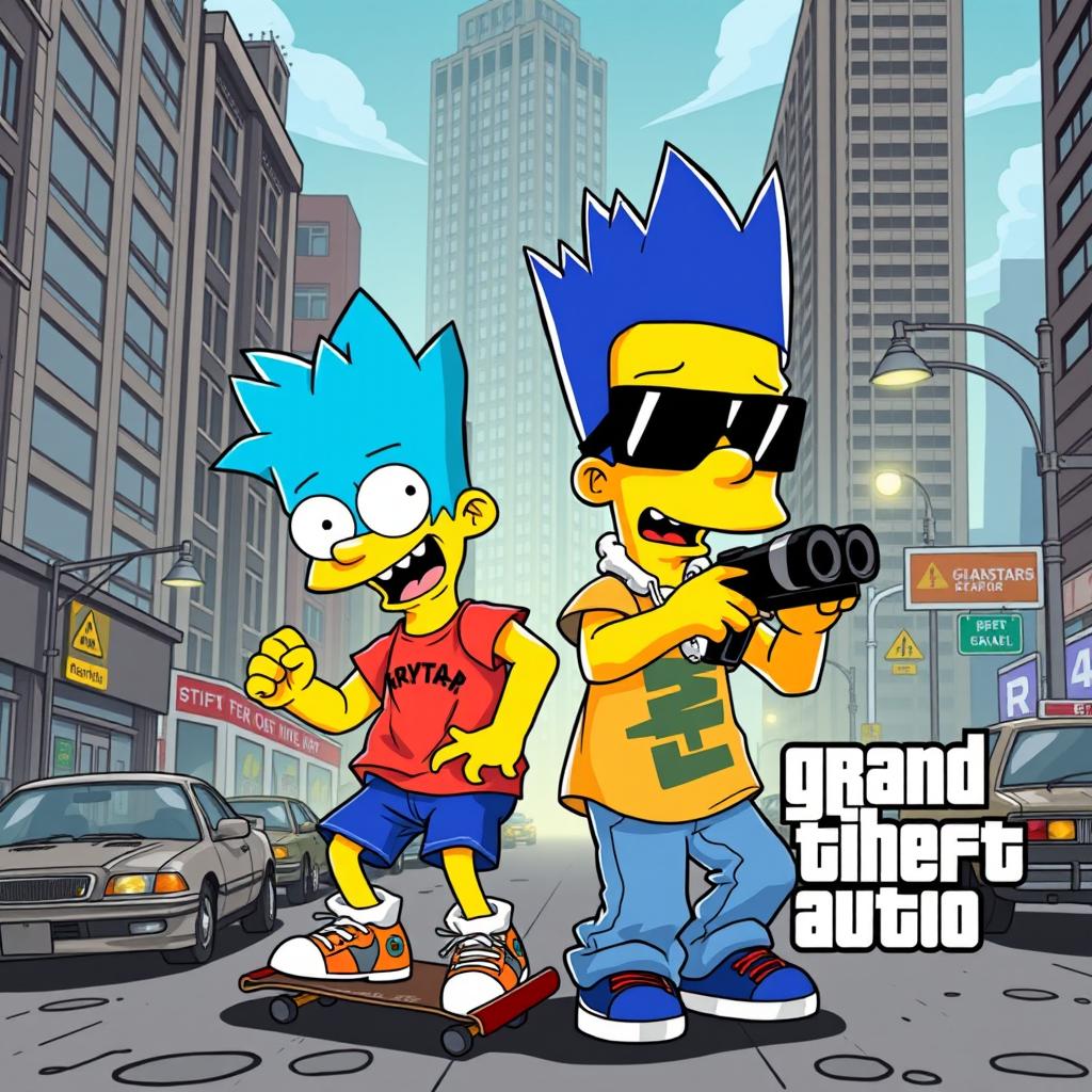 An action-packed illustration of Bart Simpson and Gumball Watterson as if they are characters in a Grand Theft Auto video game
