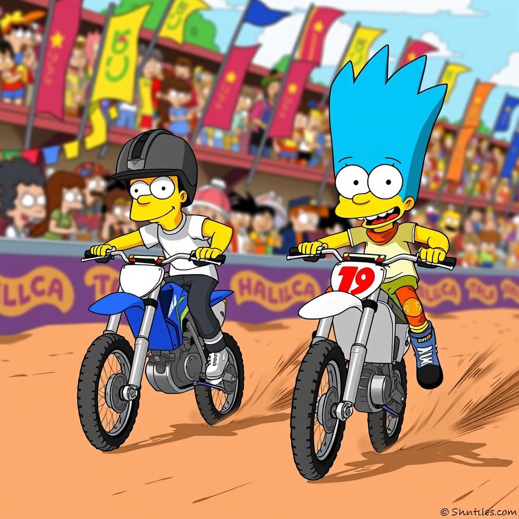 An exciting scene showcasing Bart Simpson and Gumball Watterson racing on their dirt bikes, with Bart on a CRF 85 motorcycle and Gumball on a YZ 85