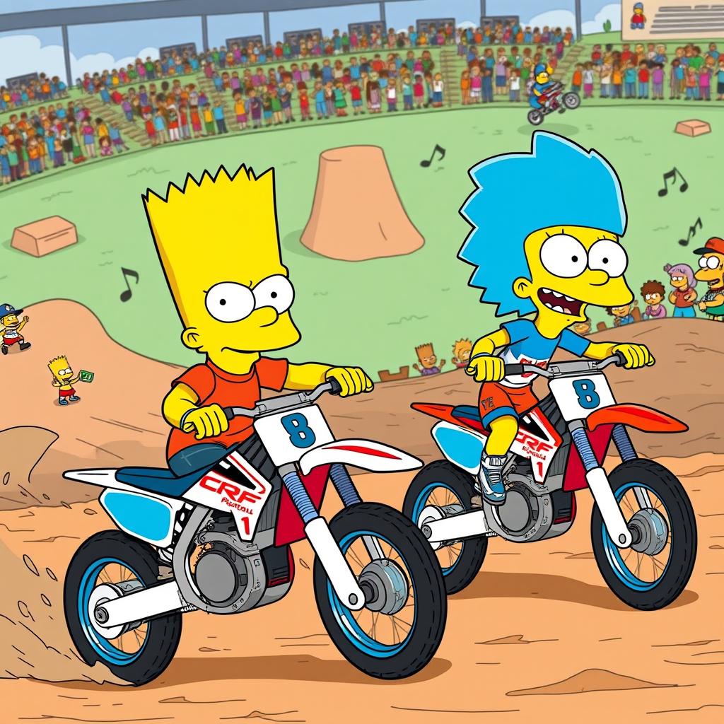 An energetic scene featuring Bart Simpson and Gumball Watterson racing on their dirt bikes, with Bart on a CRF 85 motorcycle and Gumball on a YZ 85