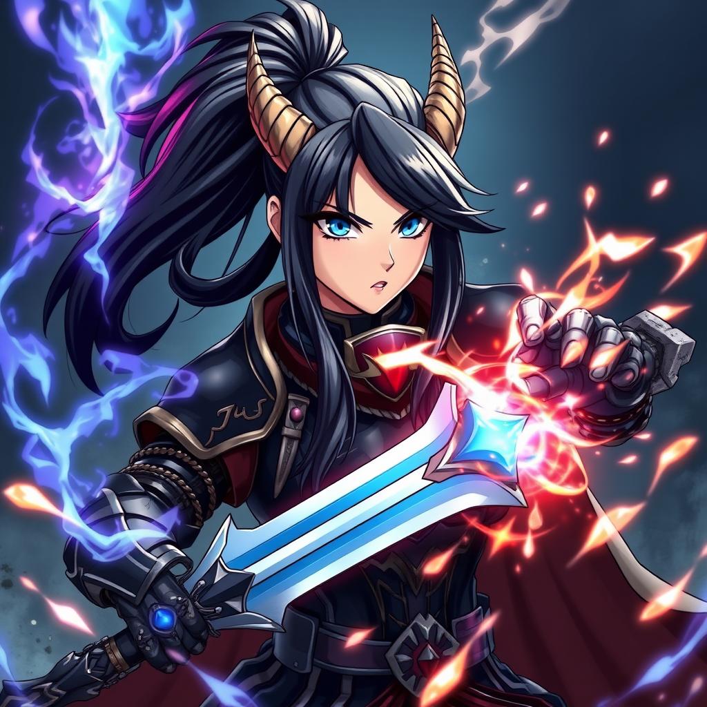 An anime-style image featuring a fierce woman with long black hair styled in a ponytail and captivating blue eyes