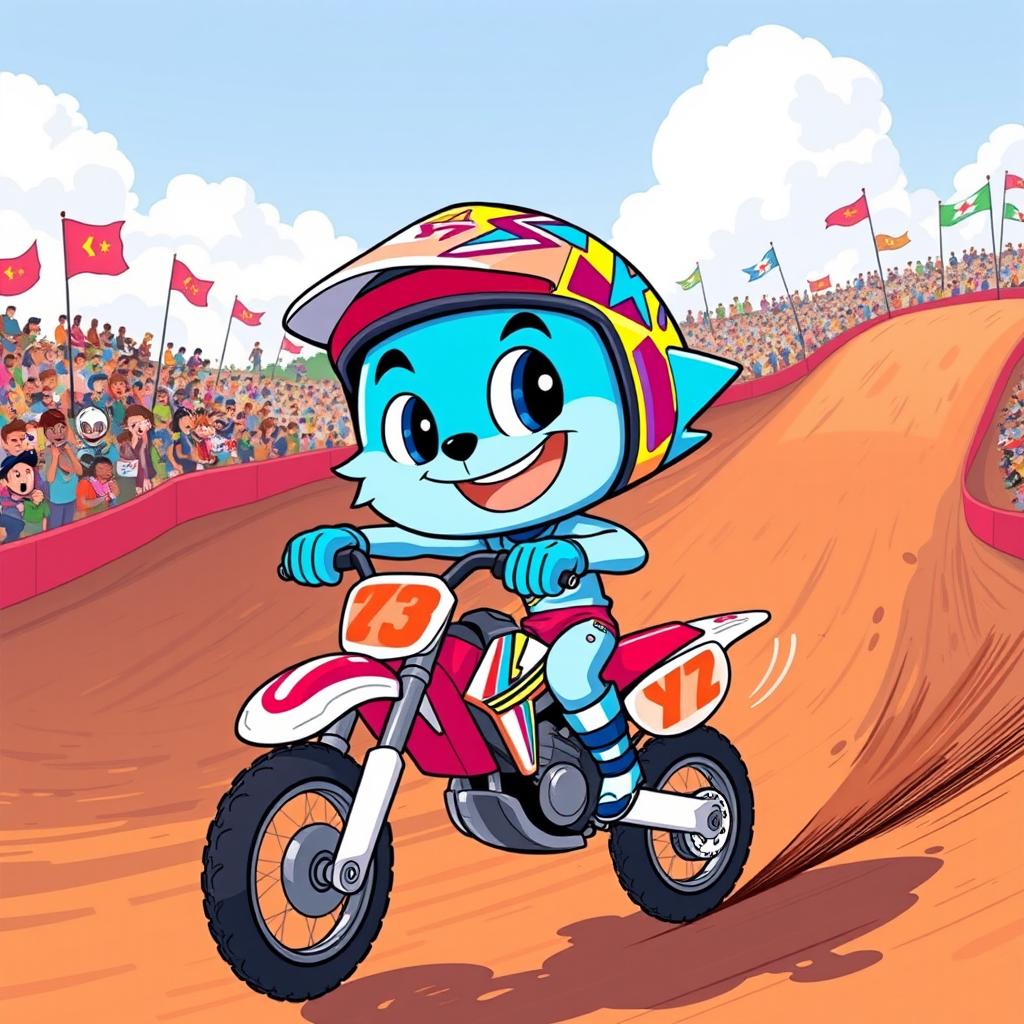 A vibrant illustration of Gumball Watterson riding a YZ 87 dirt bike