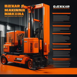 A machinery and lifting equipment catalog cover for 'OZKAR MAKINA' company in orange and black theme. Display 5 different products with blank spaces for price and technical specifications.