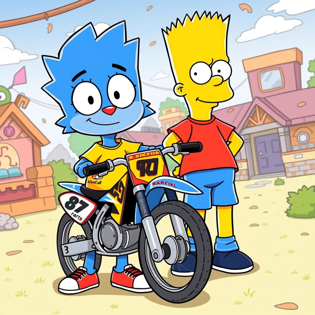 A lively illustration featuring the original characters Gumball Watterson and Bart Simpson from their respective animated series