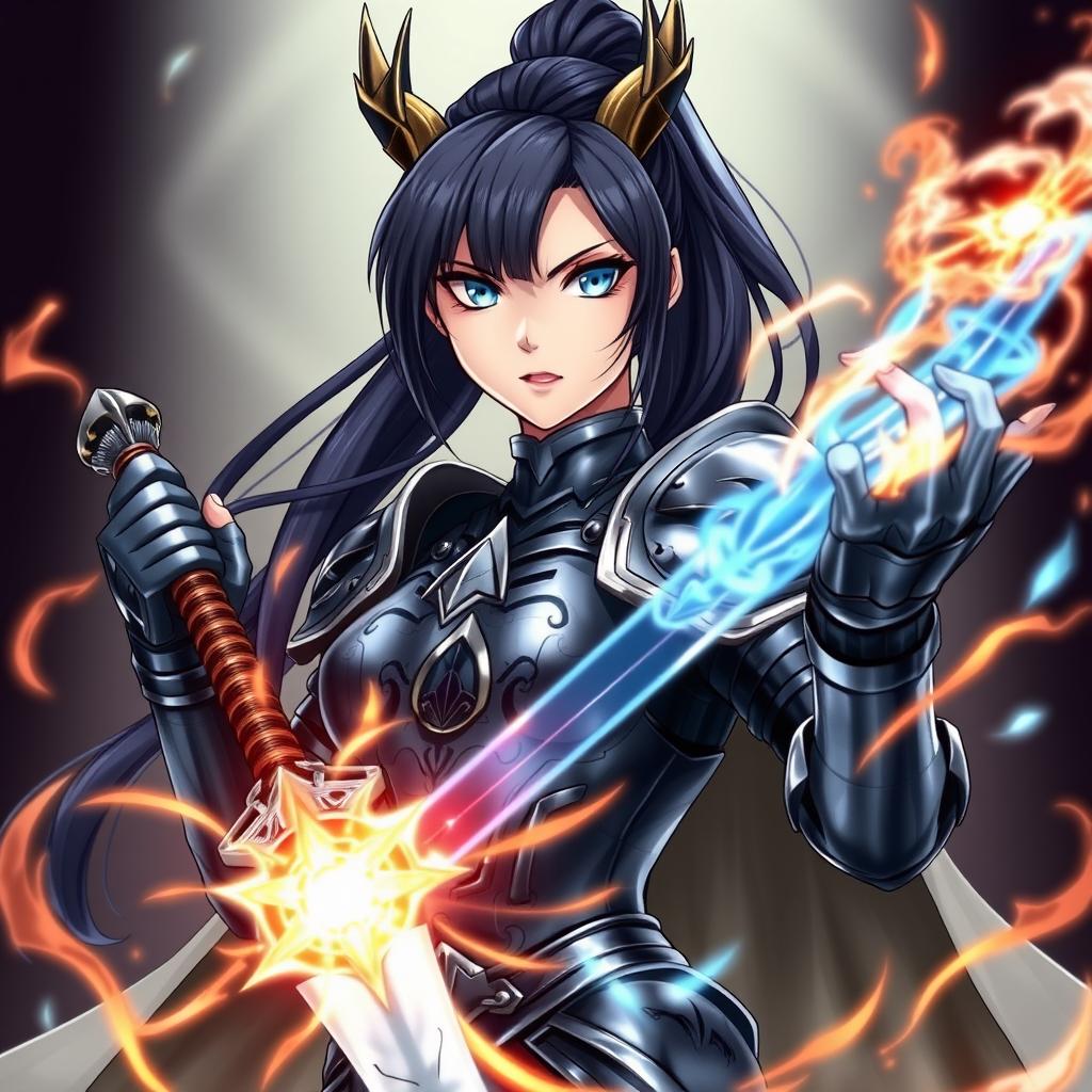 An anime-style image depicting a powerful woman with long black hair styled in a sleek ponytail and fierce blue eyes