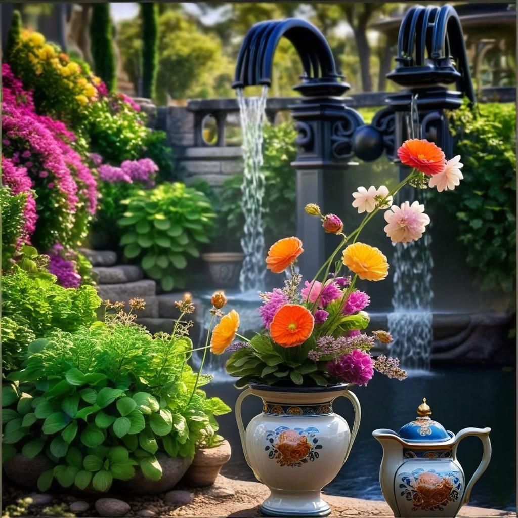 Garden New with flowers and waterfall in fountain