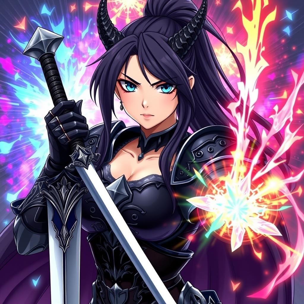 An anime-style image of a powerful woman featuring long black hair tied in a sleek ponytail and fierce blue eyes