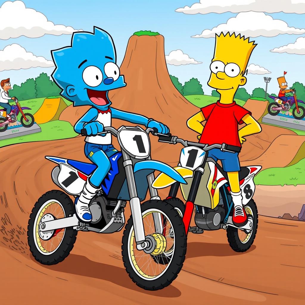 A colorful and dynamic illustration featuring the original characters Gumball Watterson and Bart Simpson