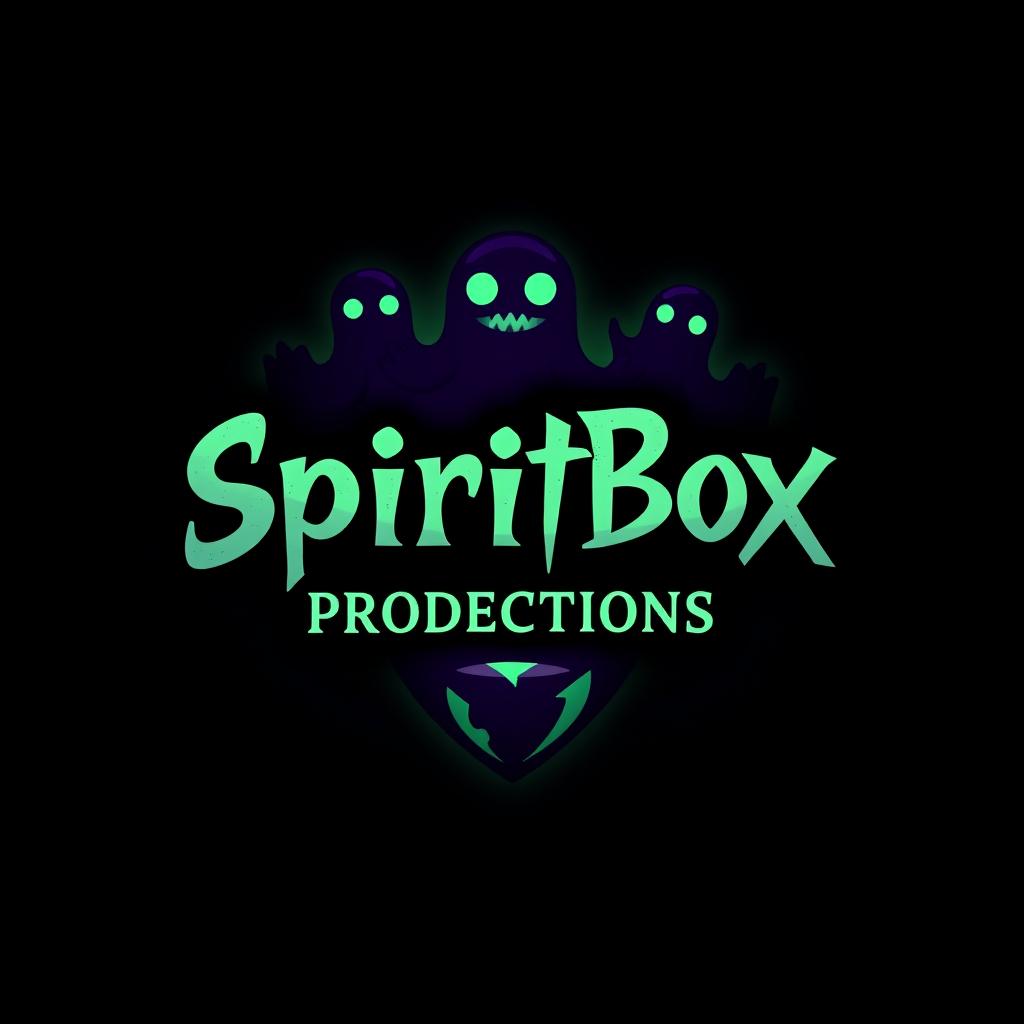 A logo design for 'SpiritBox Productions' inspired by the style of the Yo-kai Watch logo, but with a darker, spookier twist