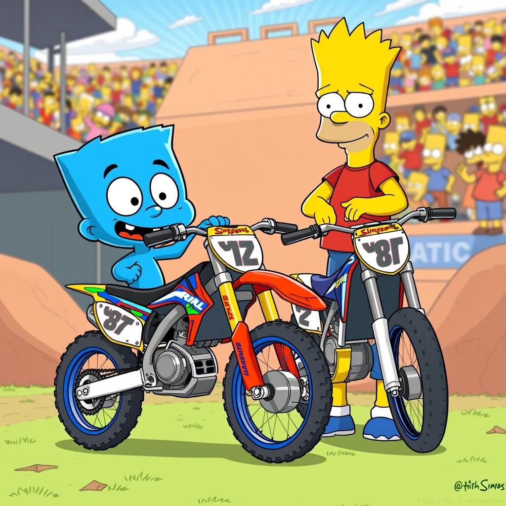 A vibrant and energetic illustration featuring the original character Gumball Watterson from 'The Amazing World of Gumball' along with Bart Simpson from 'The Simpsons'