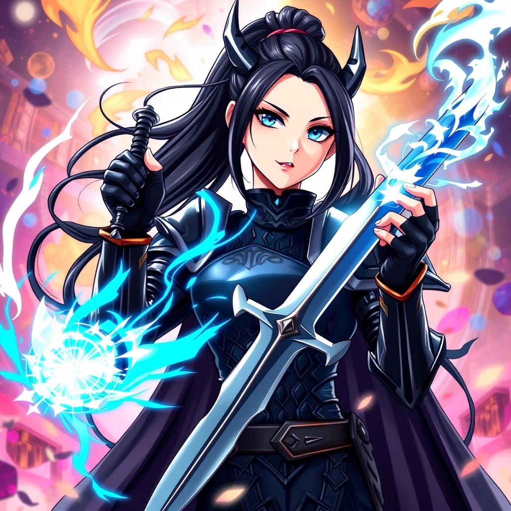 An anime-style illustration of a striking woman with long black hair tied in a sleek ponytail and fierce blue eyes that exude confidence