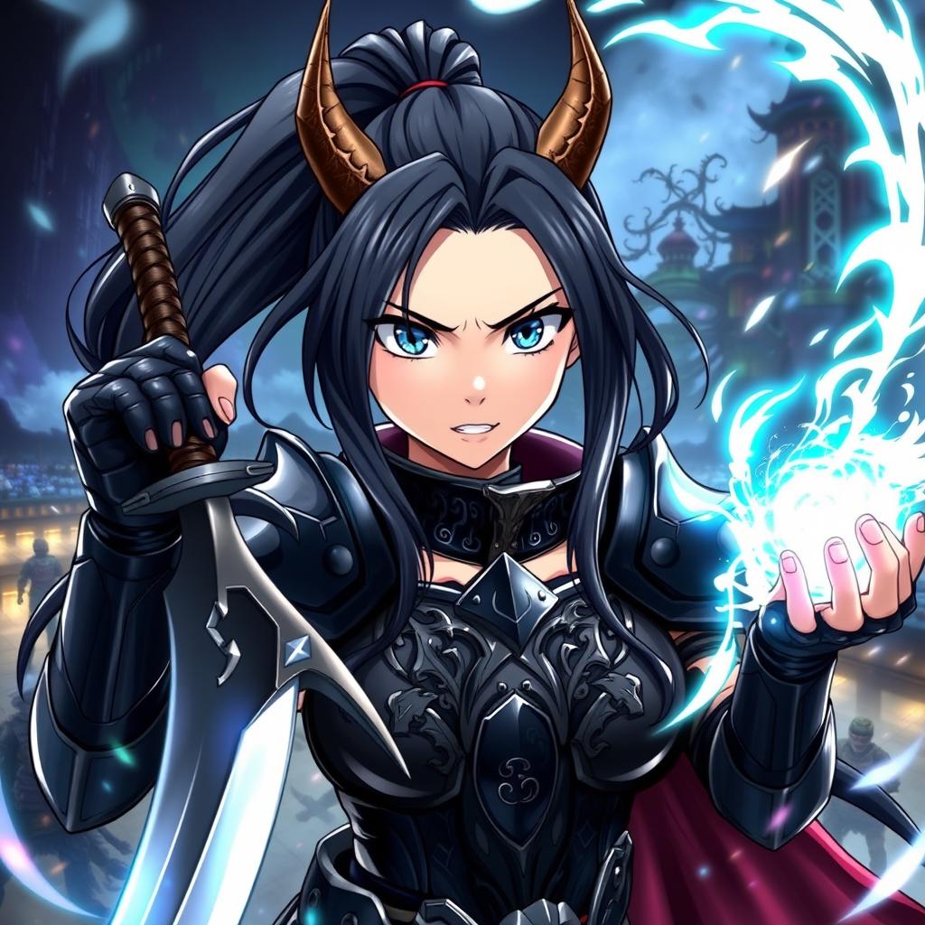An anime-style illustration of a fierce woman with long black hair styled in a ponytail, showcasing vibrant blue eyes filled with intensity