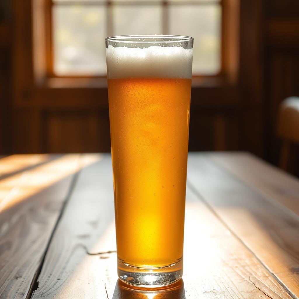 A tall glass filled with a golden, bubbly beverage, condensation drips on the surface, set against a rustic wooden table background, warm sunlight streaming through a window, creating an inviting ambiance