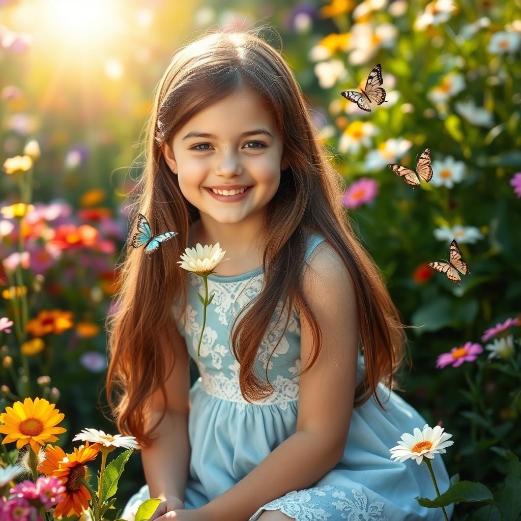 A serene portrait of a young girl sitting in a sunlit garden, surrounded by blooming flowers