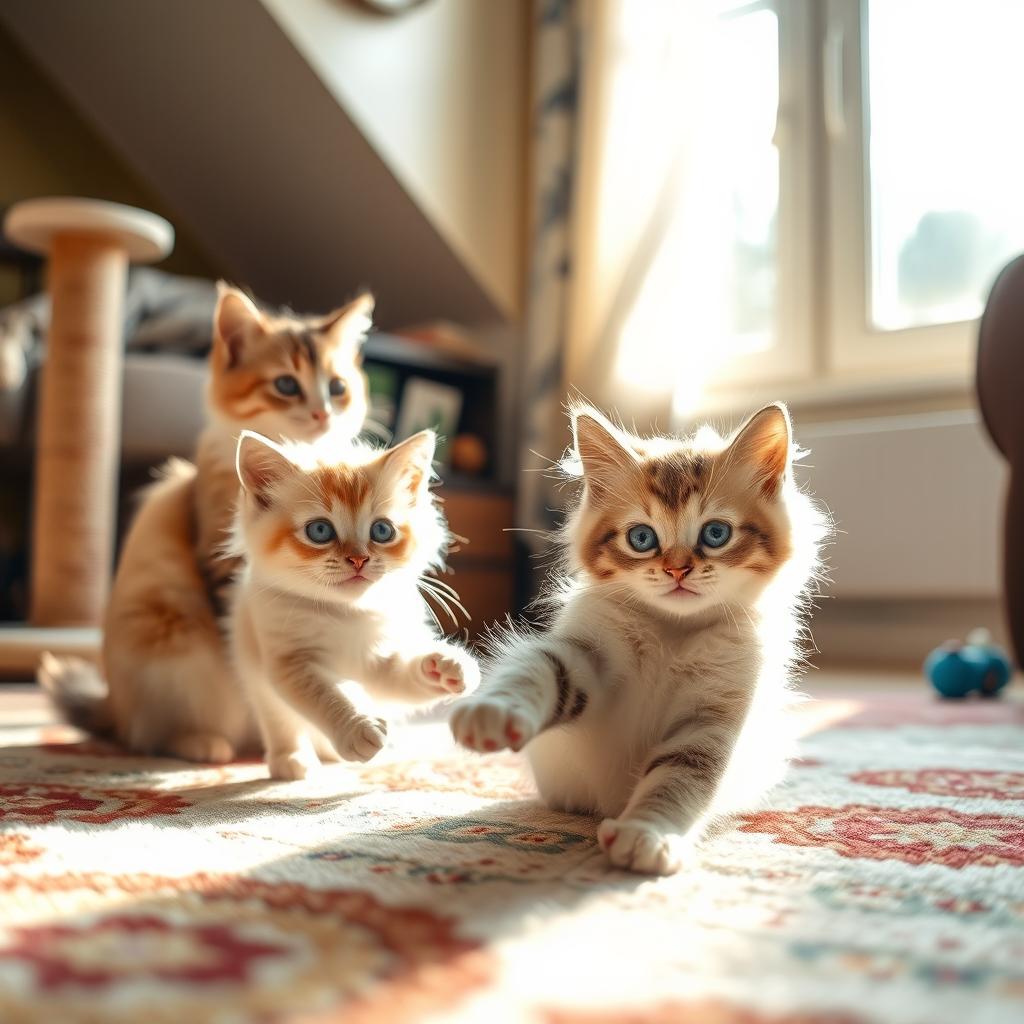A heartwarming scene of a playful kitten and its loving cat mom in a cozy living room
