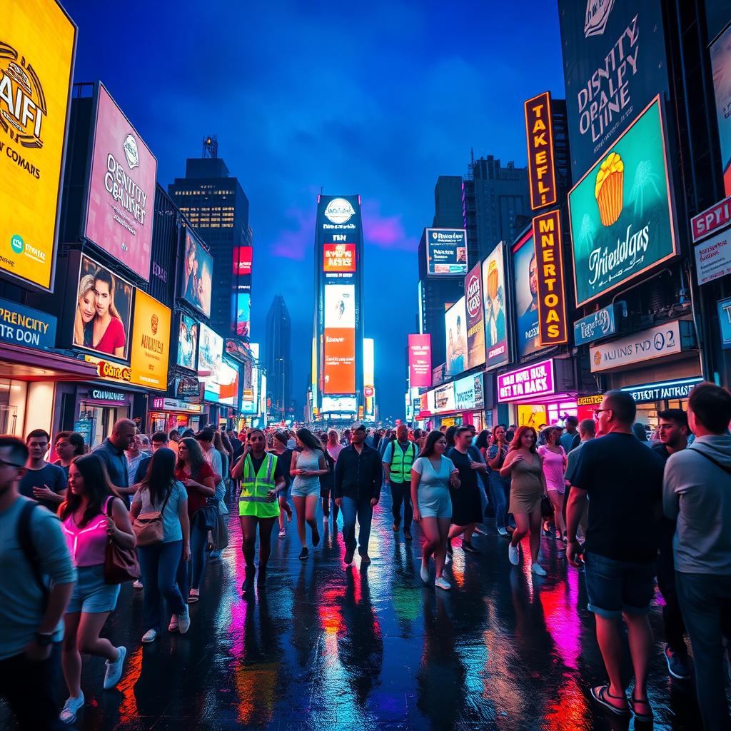 A vibrant neon cityscape at night, filled with dazzling neon lights and glowing billboards