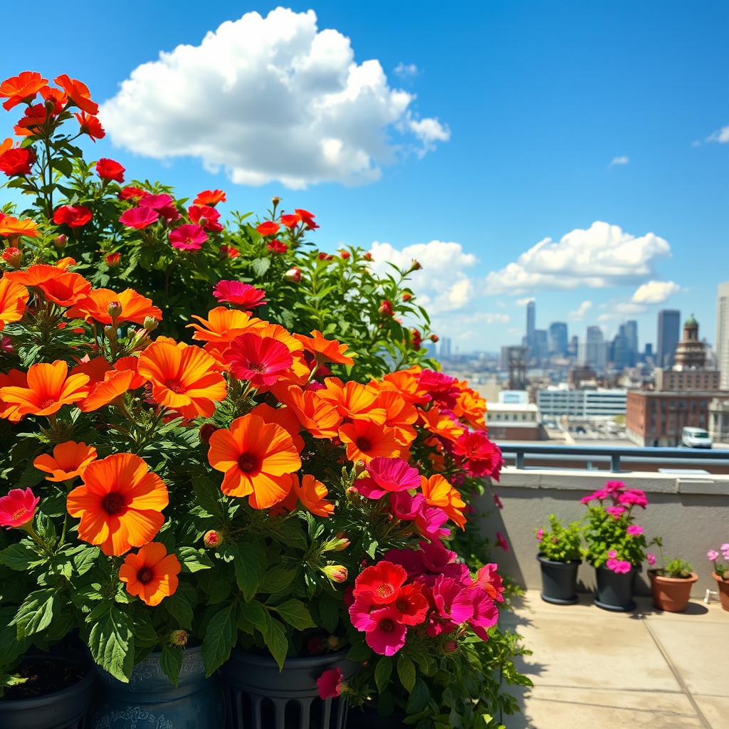 A beautiful rooftop garden scene featuring vibrant flowers blooming in full color