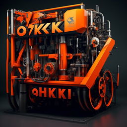 Modify the previously created catalog cover by incorporating a machine dominated by orange and black colors for 'OZKAR MAKINA' company. Include a themed photo provided in the design.