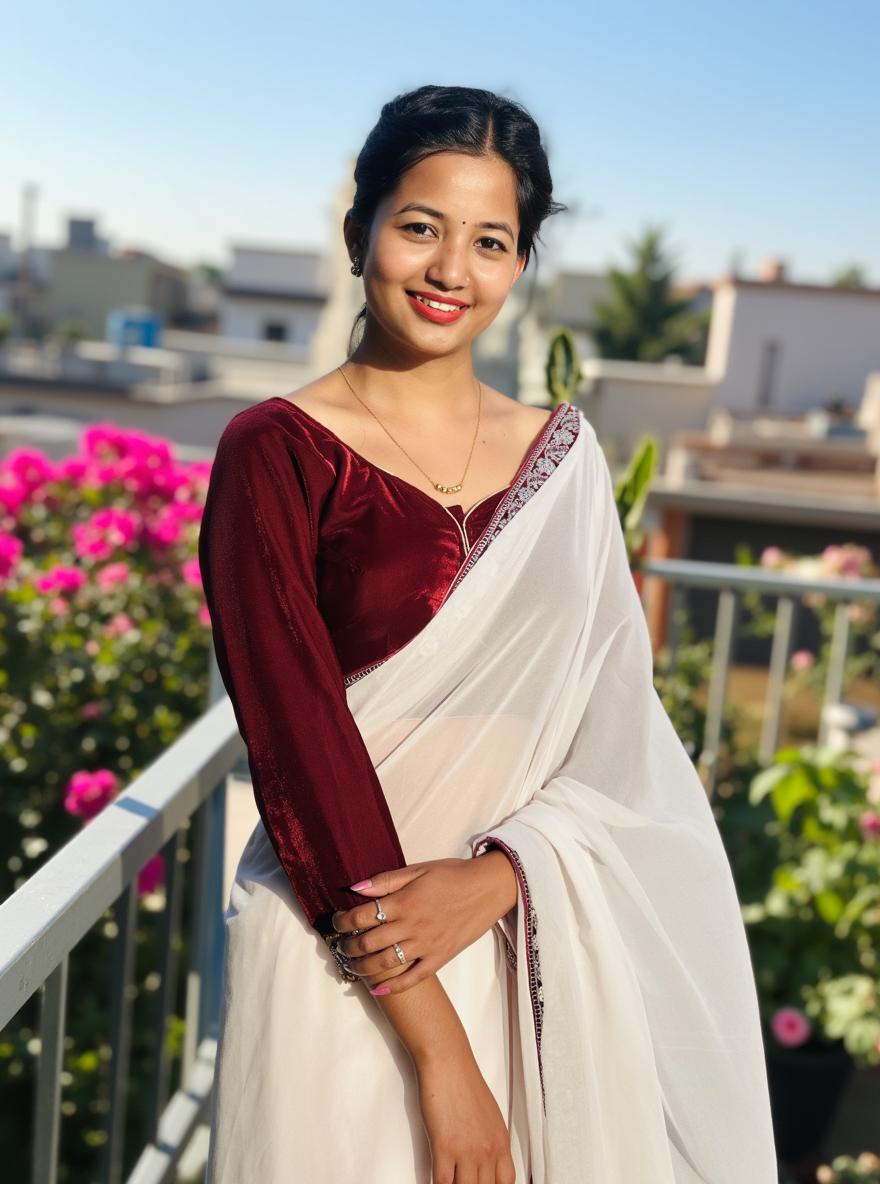 A portrait of a person standing on a rooftop adorned with flowers, wearing a traditional outfit consisting of a maroon top and a flowing cream-colored saree