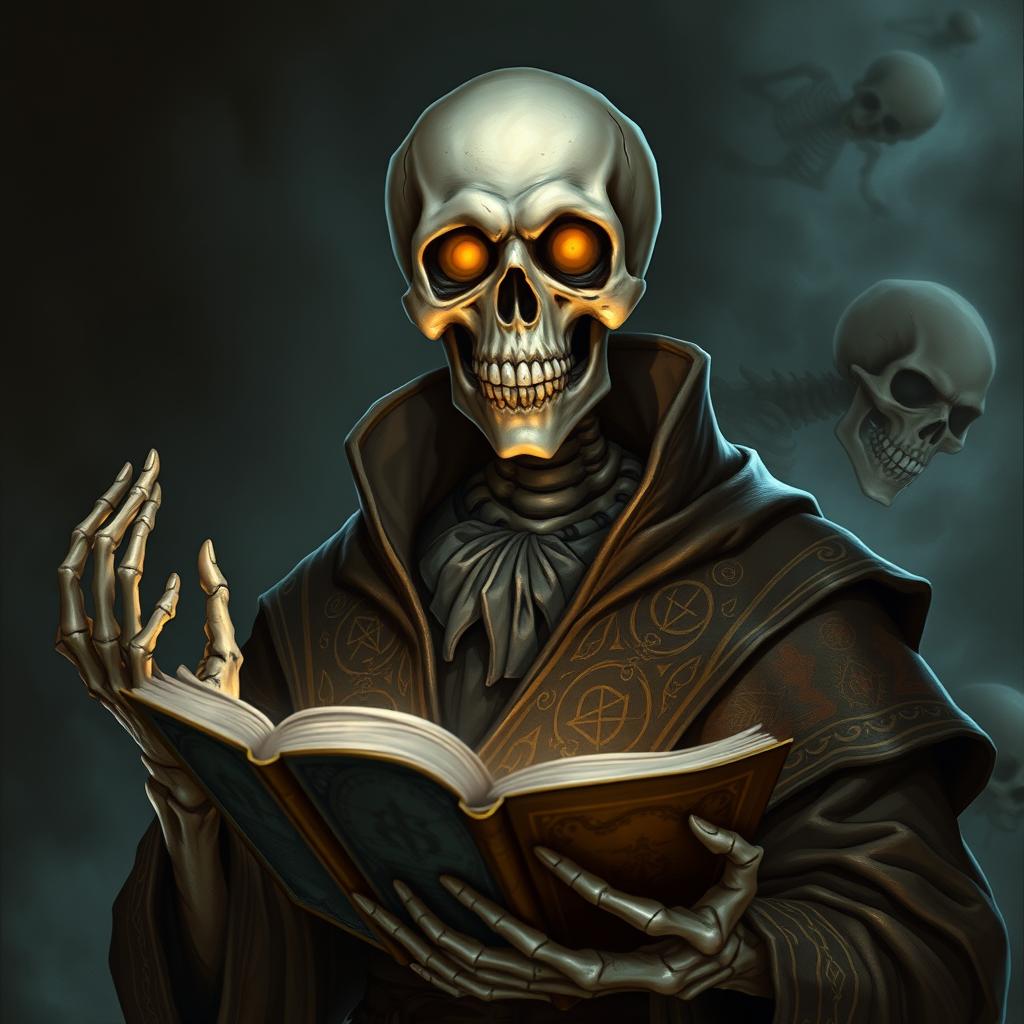 A detailed character portrait of a skeletal necromancer, showcasing a courteous and knowledgeable demeanor