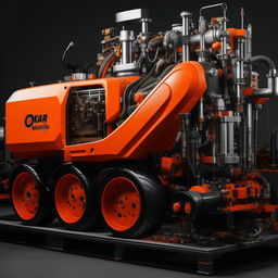 Modify the previously created catalog cover by incorporating a machine dominated by orange and black colors for 'OZKAR MAKINA' company. Include a themed photo provided in the design.