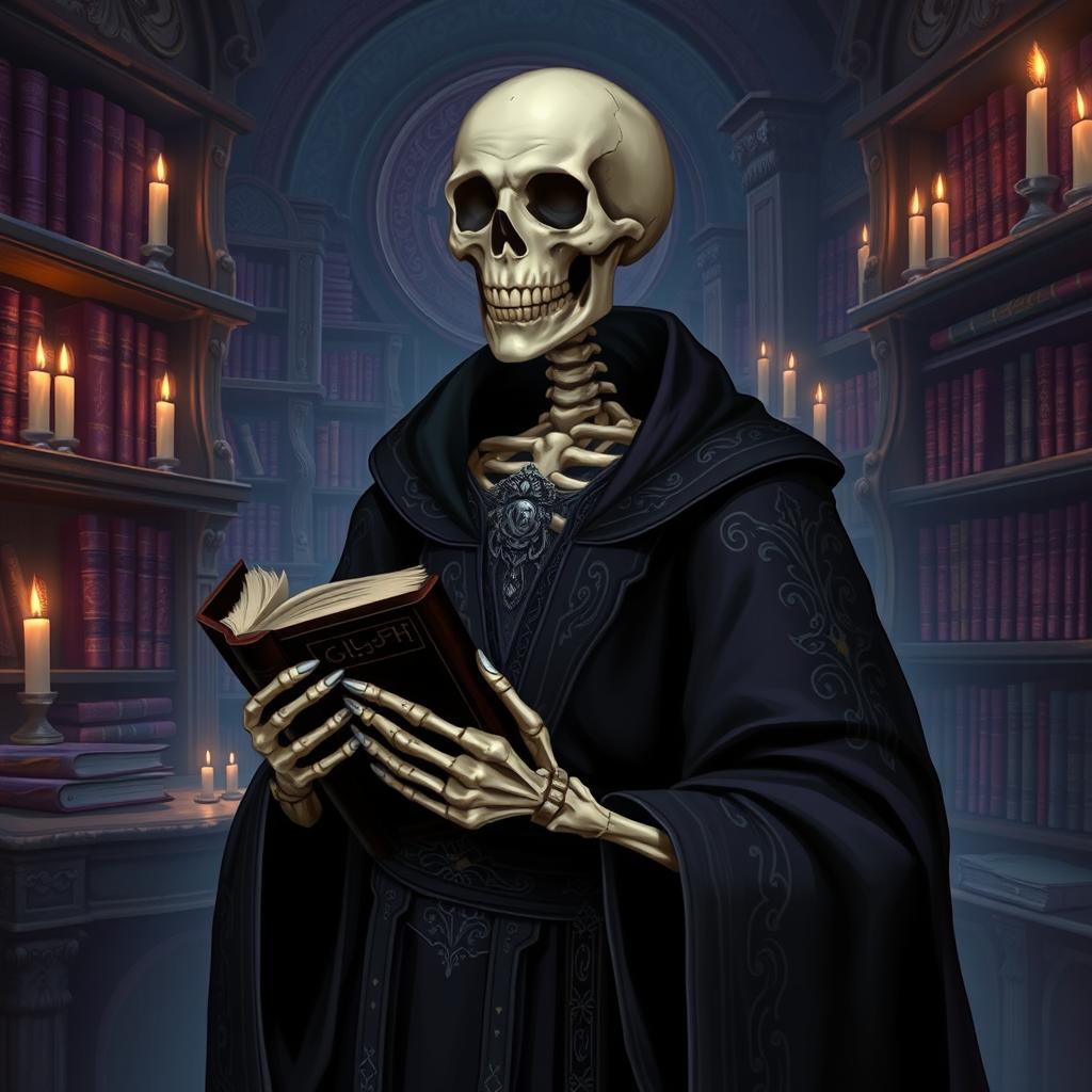 A character portrait of a well-mannered skeleton necromancer, elegantly dressed in a dark, flowing robe adorned with intricate silver embroidery