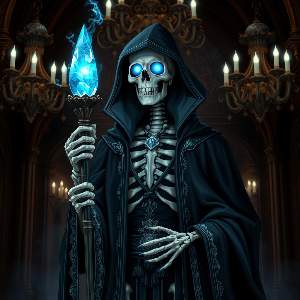 A character portrait of a well-mannered skeleton necromancer, elegantly dressed in dark robes adorned with silver trimmings