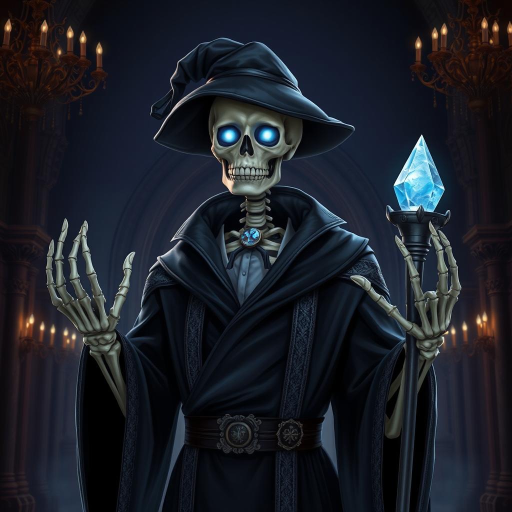 A character portrait of a well-mannered skeleton necromancer, elegantly dressed in dark robes adorned with silver trimmings, featuring two bony hands gracefully positioned