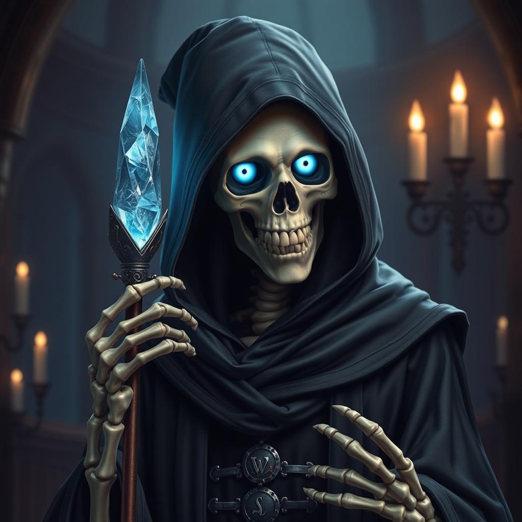 A character portrait of a well-mannered skeleton necromancer wearing an elaborate hood that partially obscures its skull, revealing glowing ethereal blue eyes filled with wisdom and charm