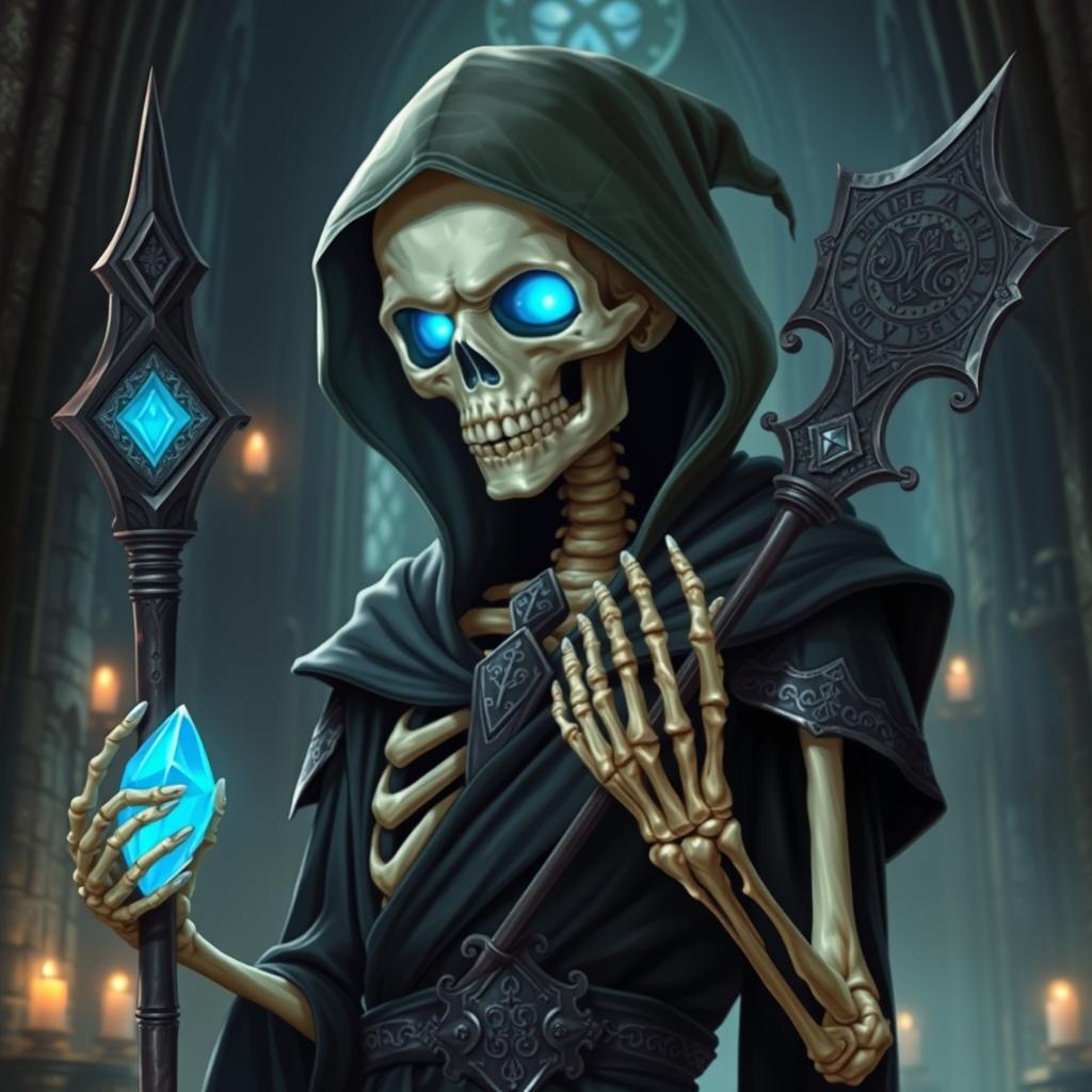 A character portrait of a well-mannered skeleton necromancer wearing an elaborate hood that veils its skull, with glowing ethereal blue eyes that exude wisdom and charm